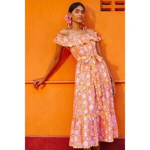 NWT Pink City Prints Maggie Midi Tie Waist Dress Orange Clementine Rose Small
